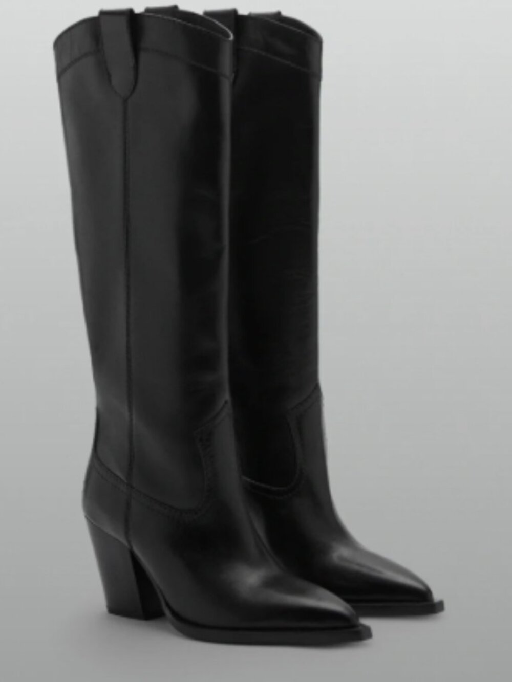 Mango Black Leather Knee-High Heeled Boots
